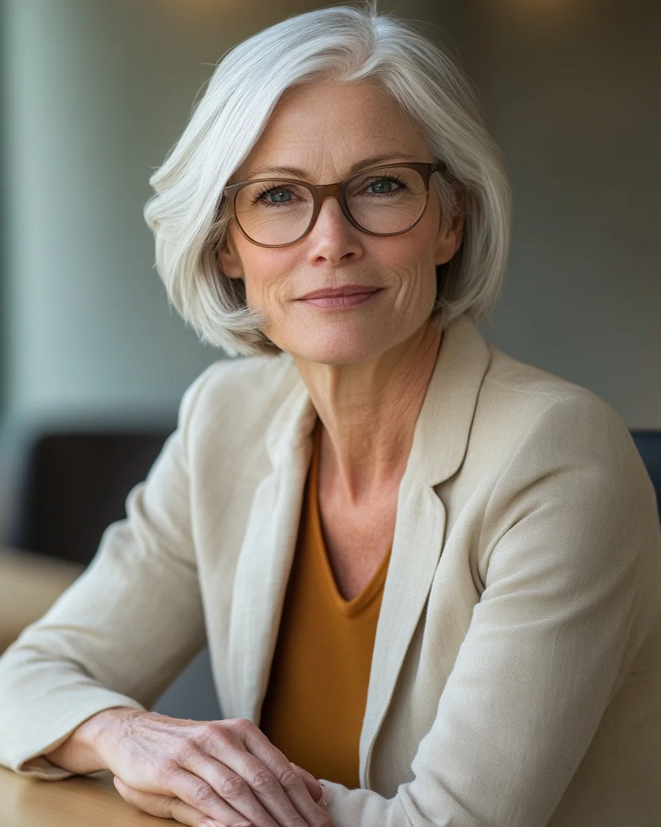 A senior financial advisor in a beige blazer offers a calm, motherly look across her desk.