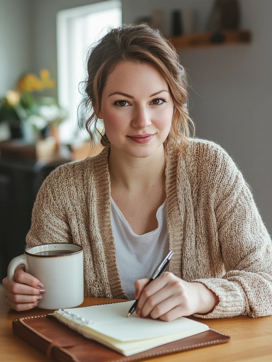 A young woman drafts her household budget at the kitchen table with a coffee mug nearby.