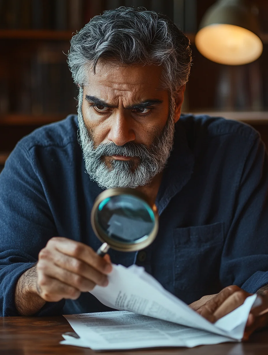 A senior man studies a credit report with a magnifying glass at his home office desk.