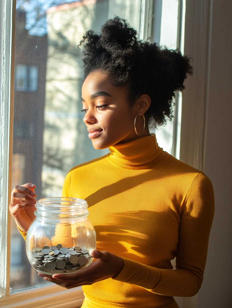 A woman drops a few coins into a ceramic jar on her windowsill in late afternoon light.