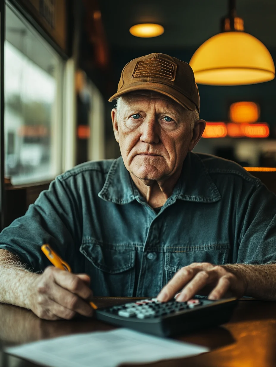 A long-haul truck driver works through his bills in a Tennessee diner booth with a calculator.