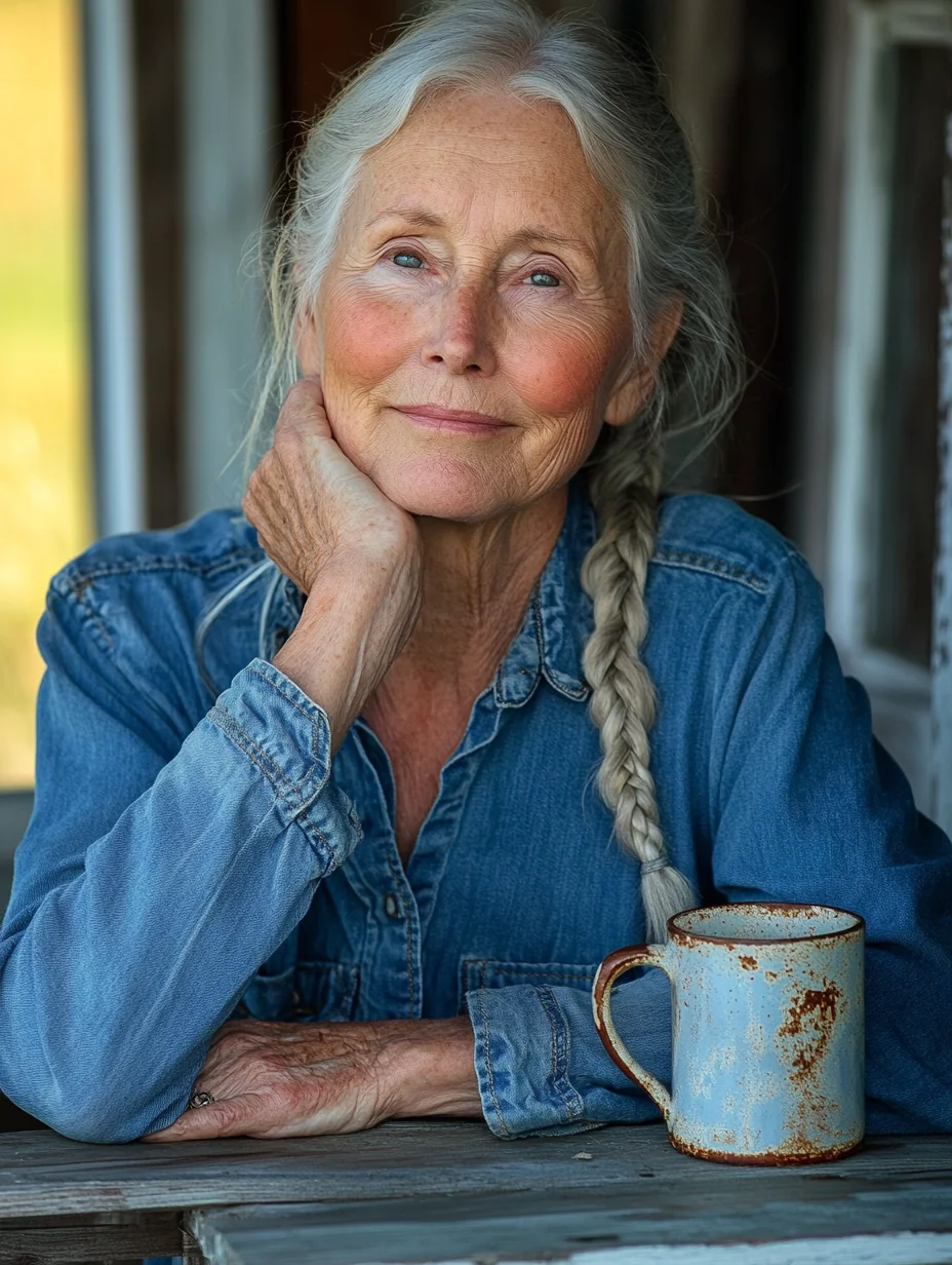 A widowed farmer in soft late-afternoon light surveys her family land with gentle resolve.