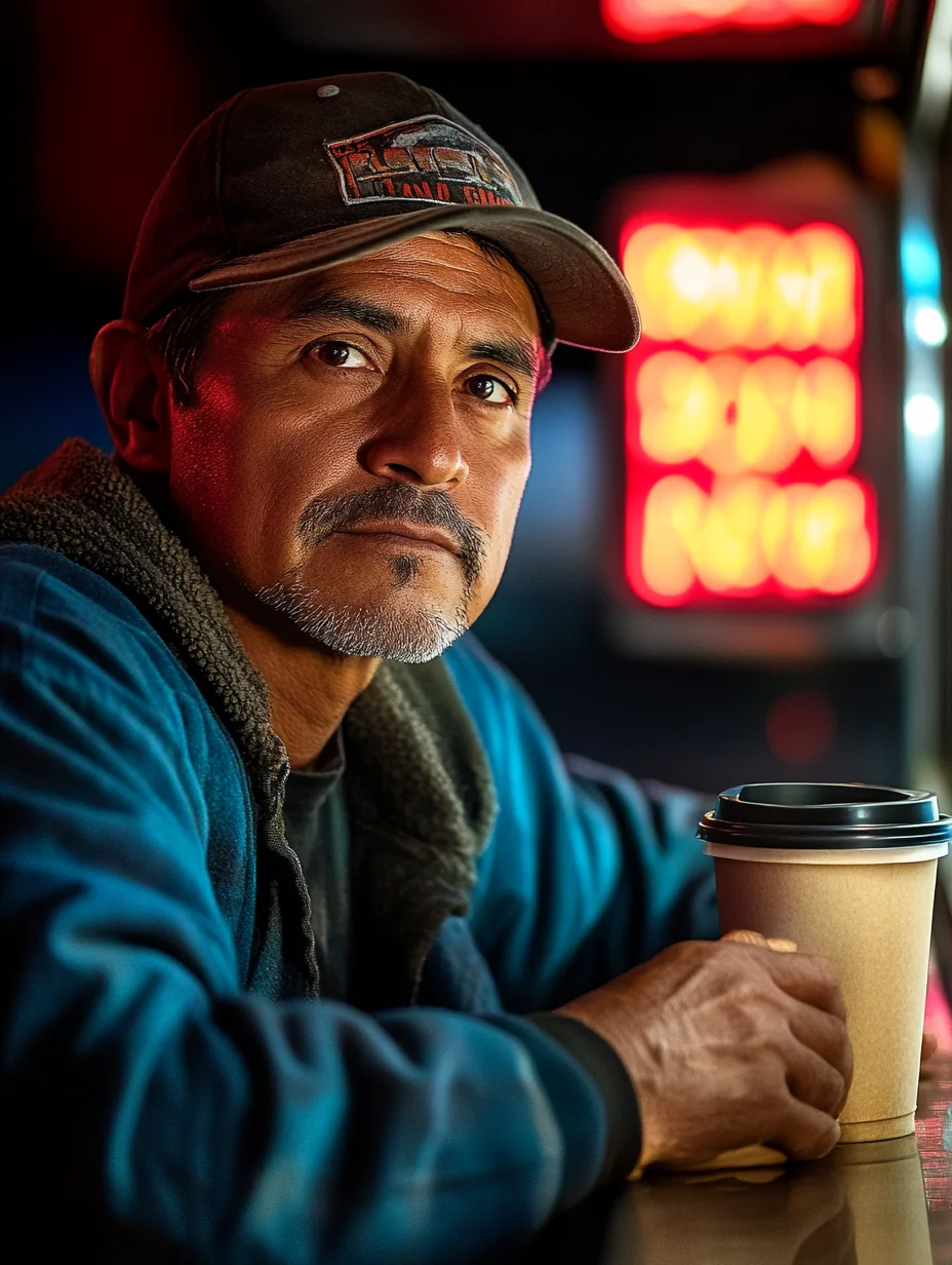 A long-haul trucker leans against his rig at a truck stop with a quiet sense of purpose.