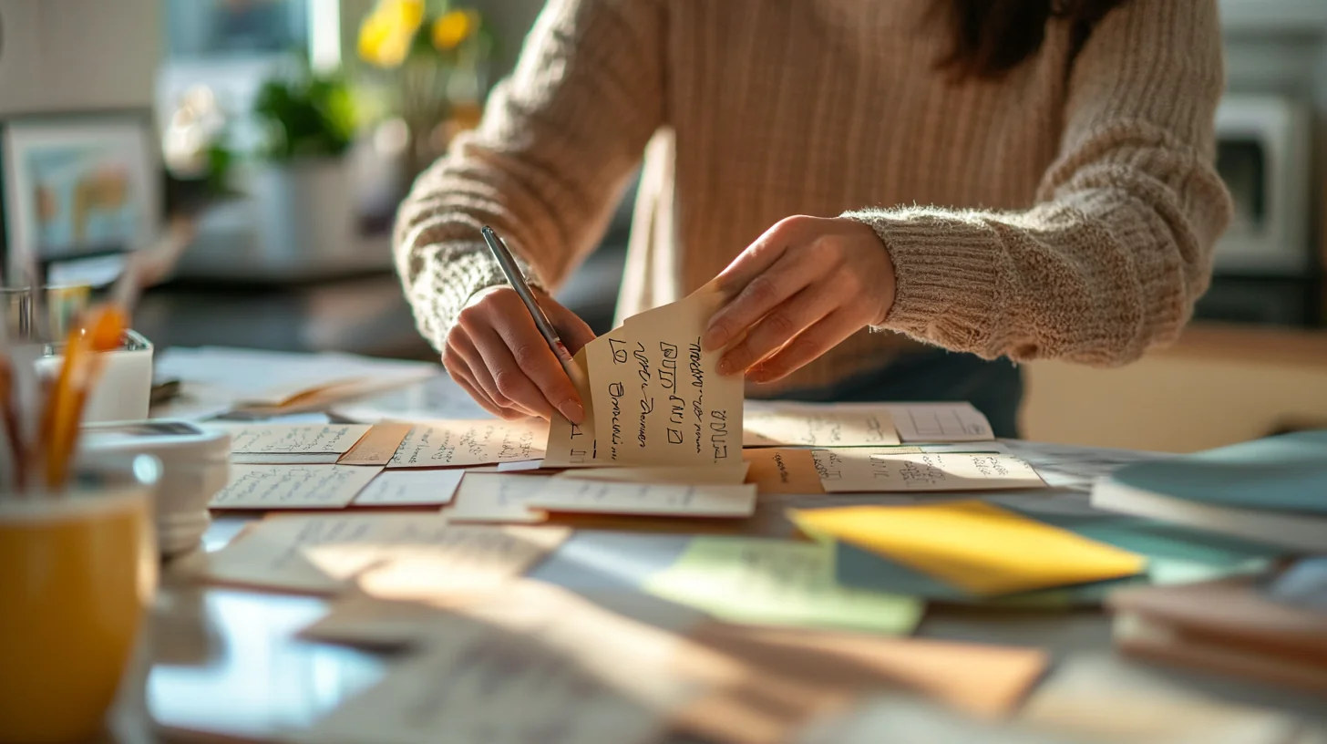 A pair of hands organizes labeled budget envelopes at a kitchen table.