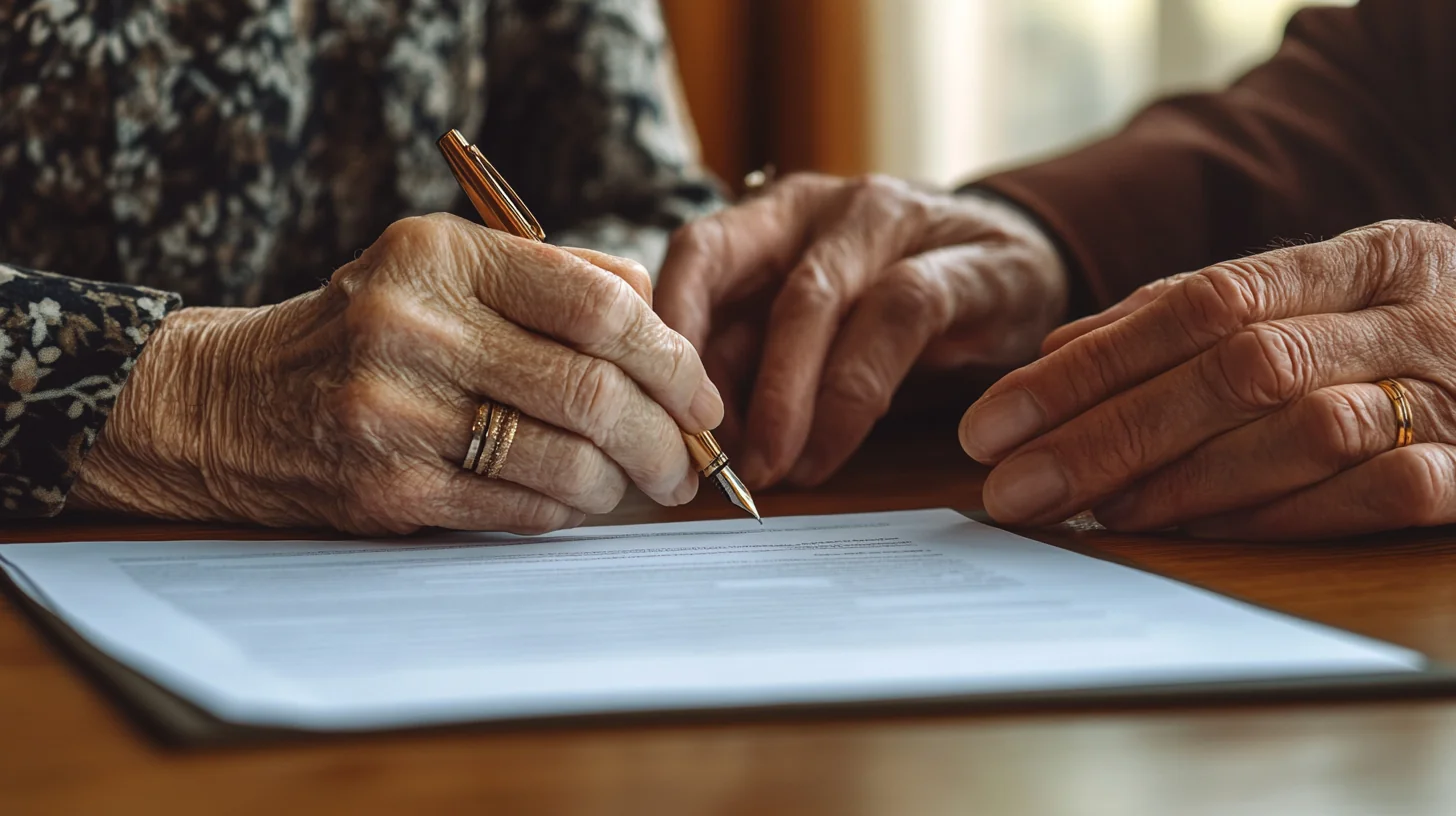 An elderly hand guides a younger hand holding a fountain pen over a loan document.