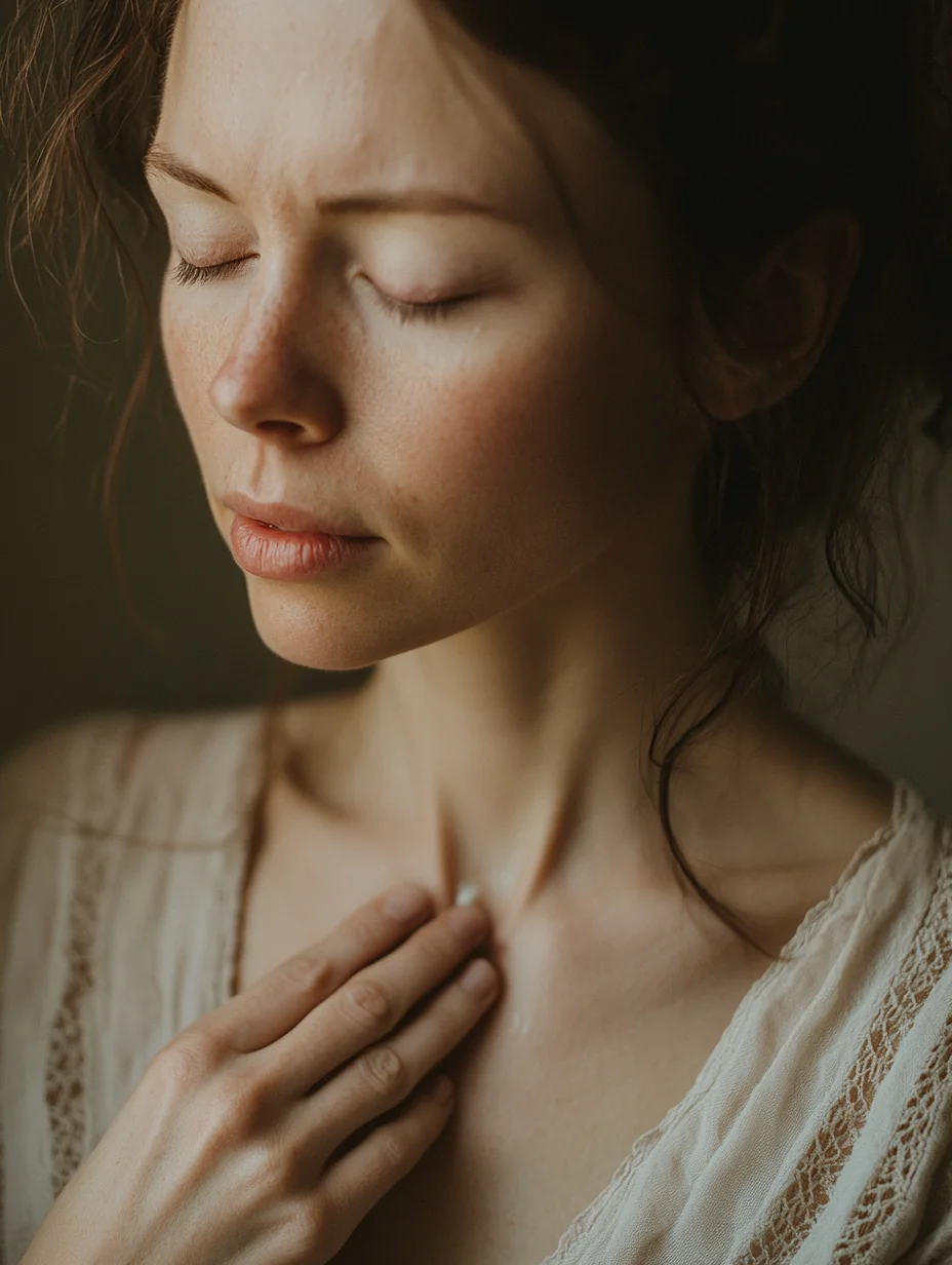 The same woman exhales with relief, hand on chest, after seeing her approval on screen.