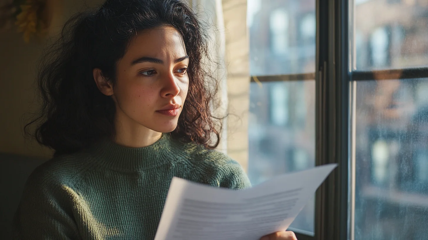 A relieved borrower reads her Superior Funding personal loan approval letter in a sunlit Brooklyn loft.