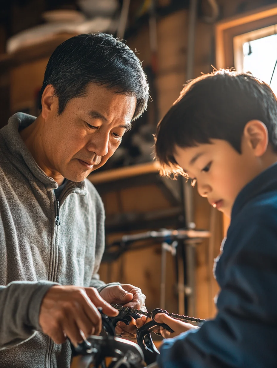 A father shows his son how to handle a hands-on task in a warmly lit garage.